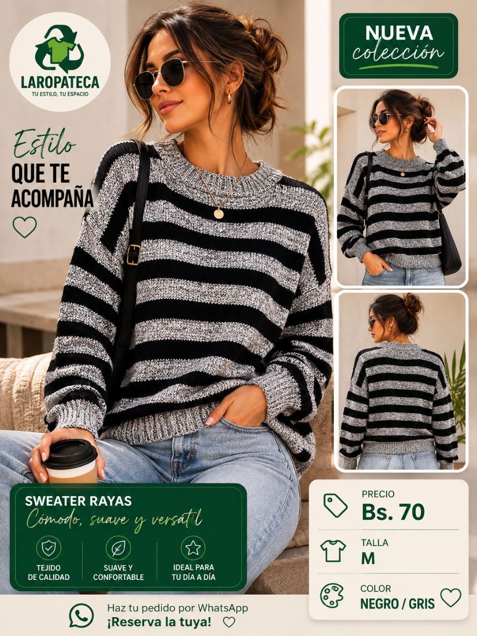 Suéter de rayas negro y gris