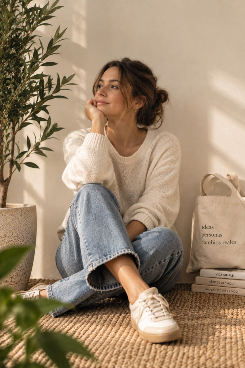 Mujer sentada con sweater claro y jeans