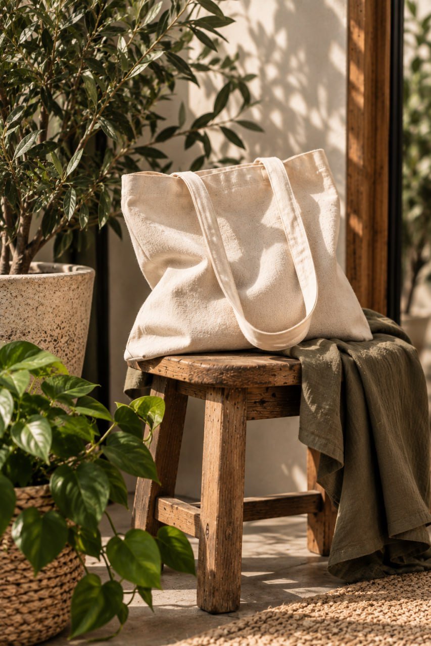 Bolsa de tela sobre un banco junto a vegetación
