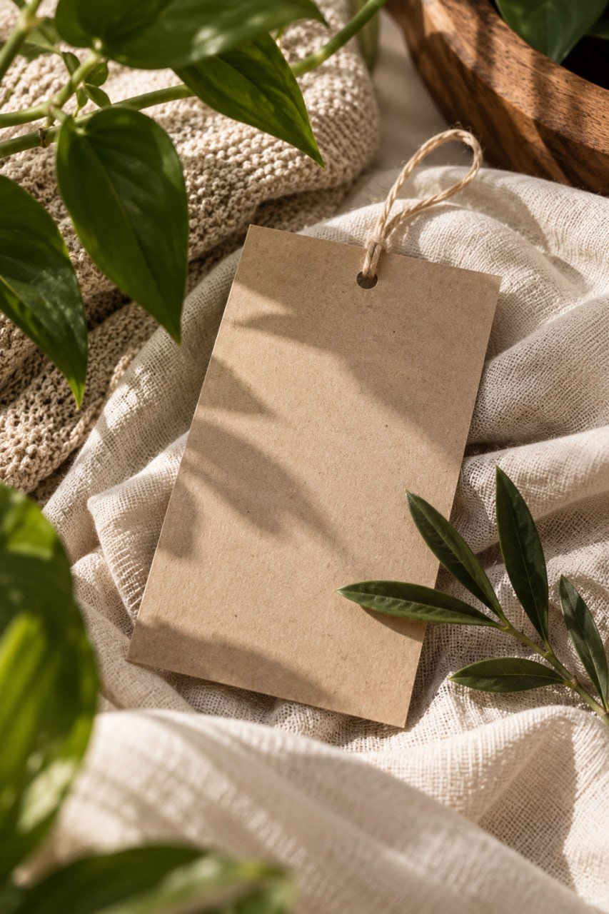 Etiqueta kraft entre textiles y vegetación