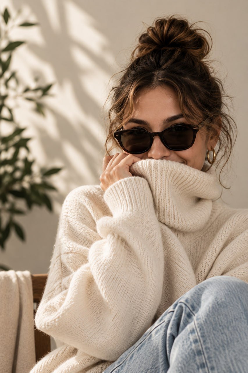 Mujer con sweater blanco y gafas